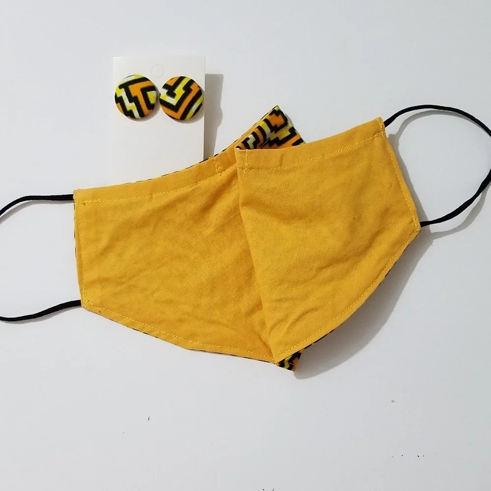 Hand Crafted Face Mask & Earrings Ankara African Print Cotton Yellow Black Adult
